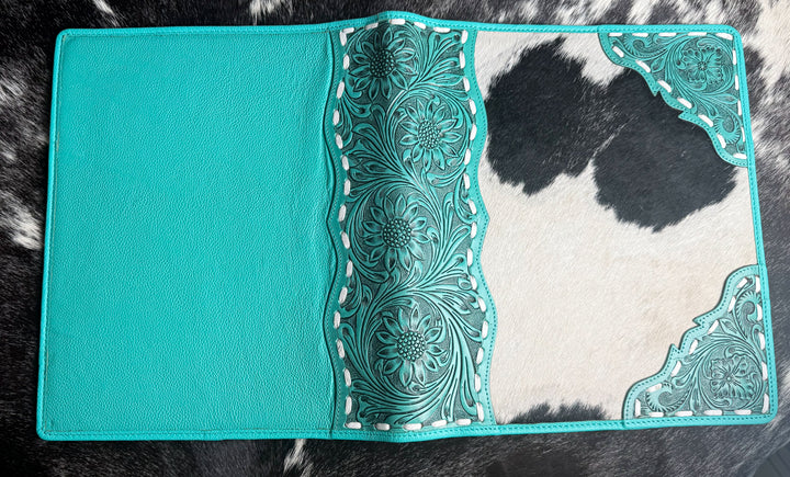 Genuine Leather Cowhide Padfolio | Turquoise Tooled Leather Portfolio Folder | Executive Portfolio Organizer