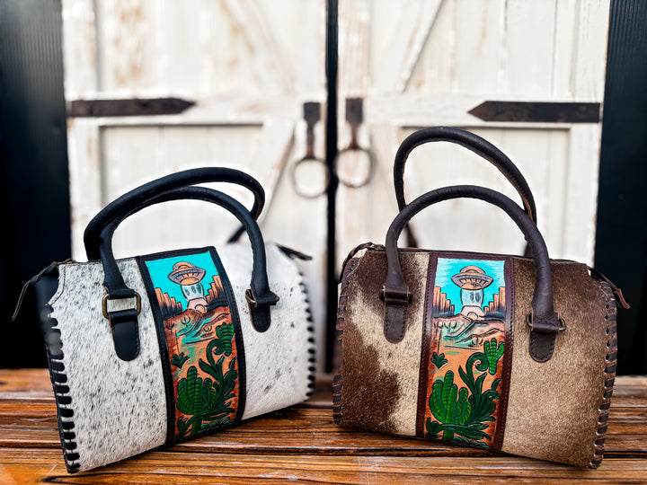 Hand-painted western leather cowhide Speedy satchel with desert ufo artwork and cactus design