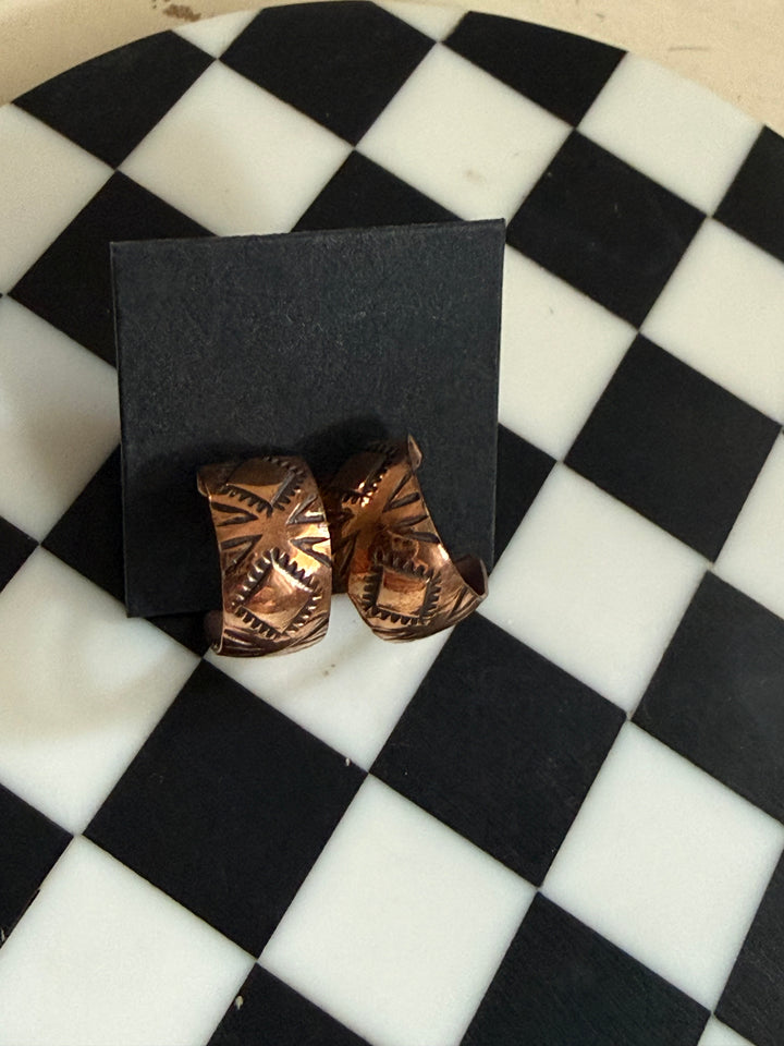 Navajo Handmade Copper Huggie Earrings | Sterling Silver Post Half Hoops