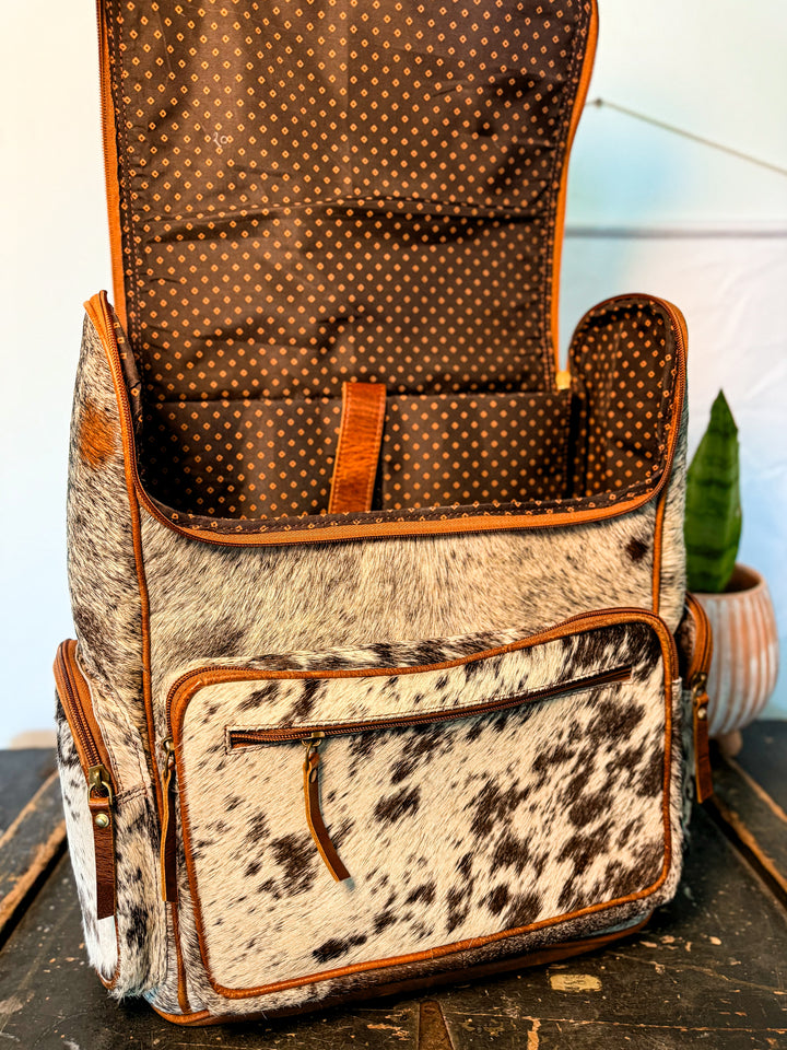 The Bubba Bag | Hair on Cowhide Full Grain Leather All Adventures Backpack in Speckled Hide