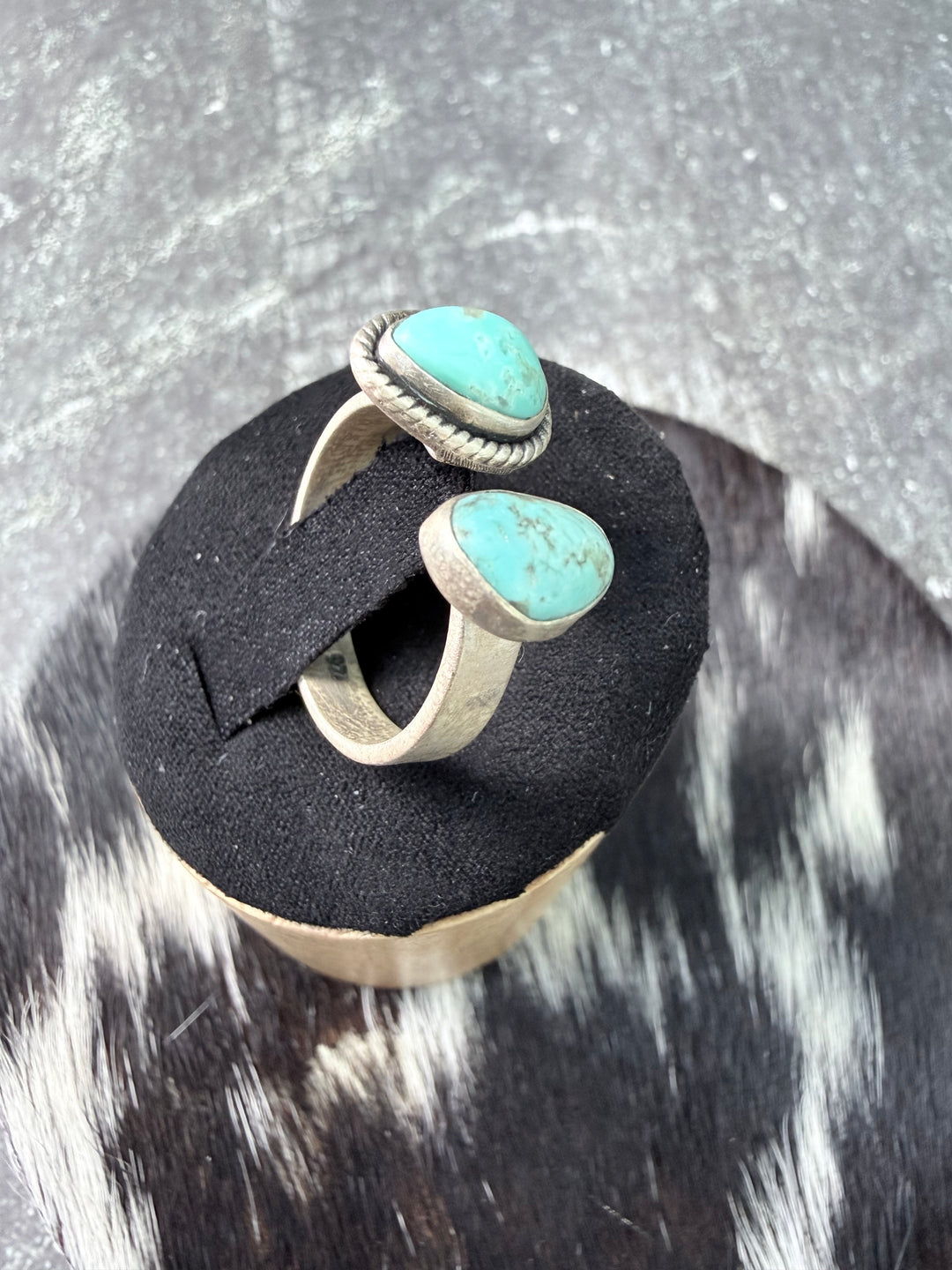 Two Stone Turquoise Floater Ring | Sterling Silver Adjustable Size 8–10 | Handmade