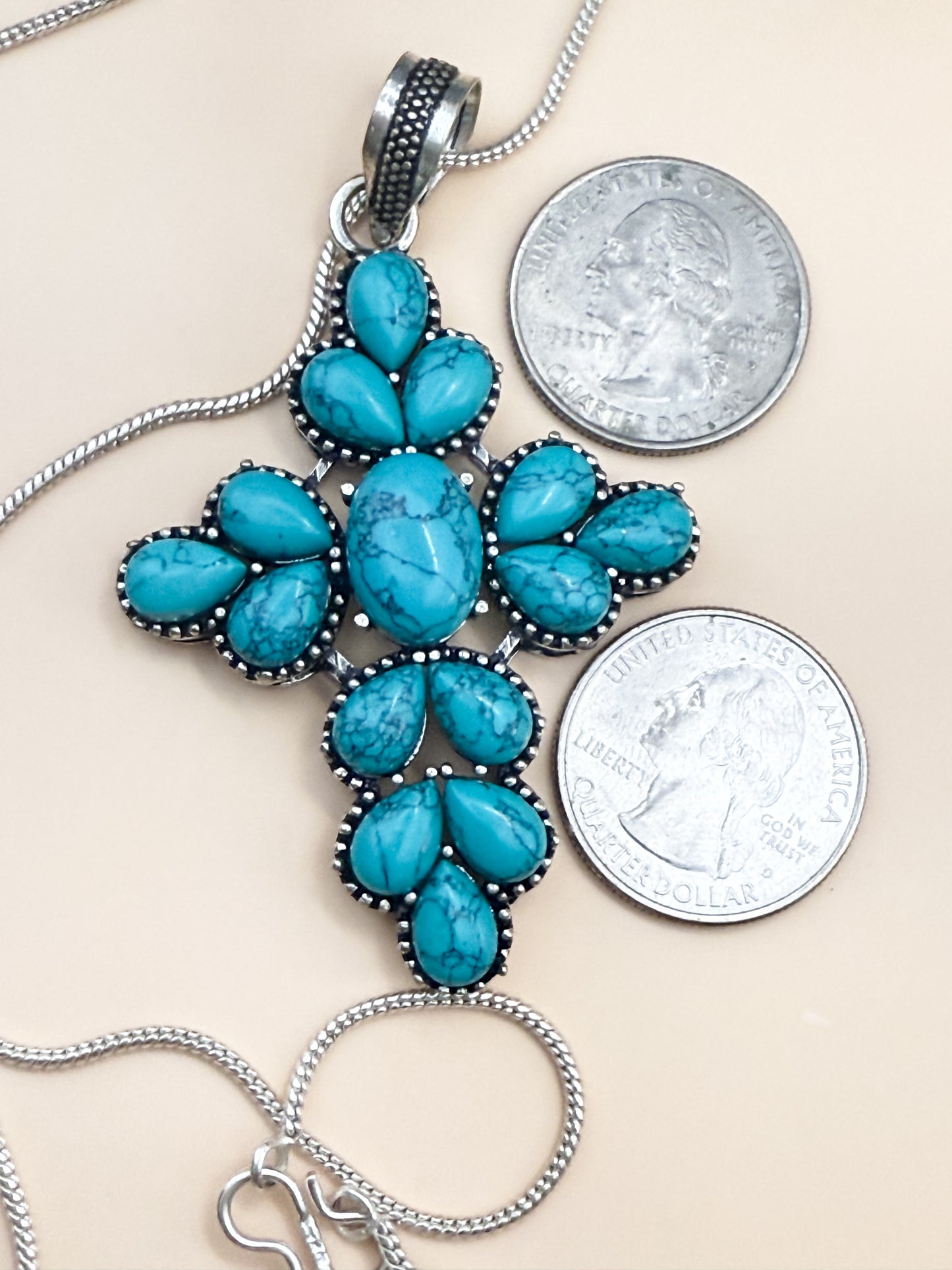 Turquoise Cross Pendant Necklace – 925 Sterling Silver with 18” Chain