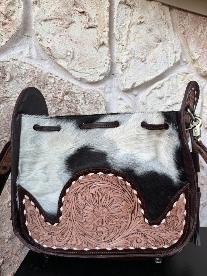 Shotgun Rider Bucket Bag | Cowhide Bucket Bag with Tooled Leather – Western Crossbody Purse – Hair-On Hide Shoulder Bag