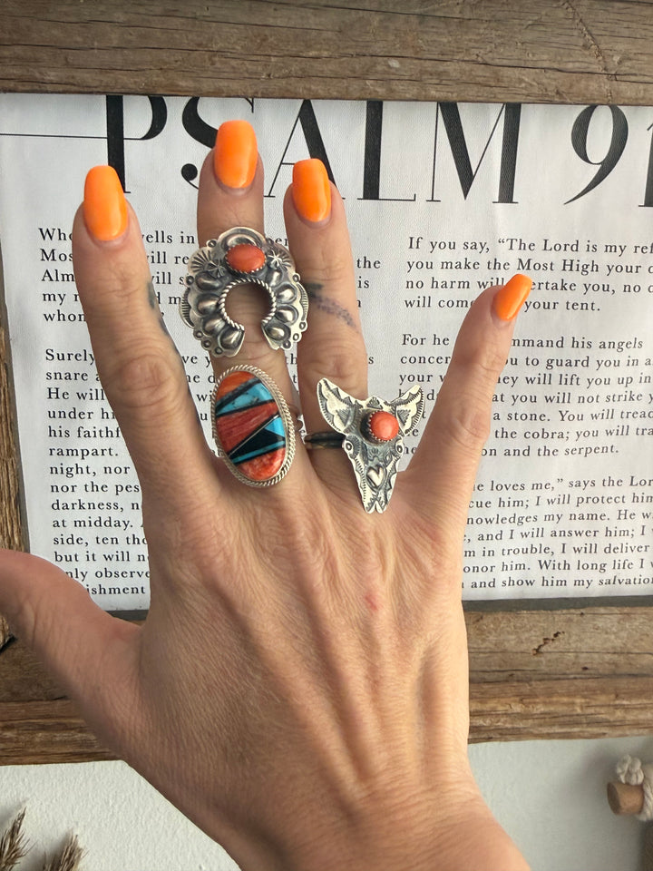 Navajo Inlay Ring – Spiny Oyster, Turquoise & Onyx Sterling Silver Ring by Joanne Douglas (Size 7.5)