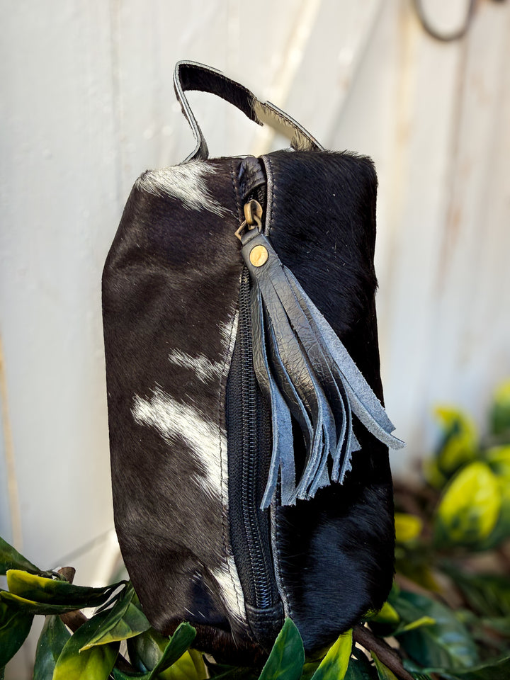 Black Cowhide & Leather Travel Cosmetic Bag | Black Fringe