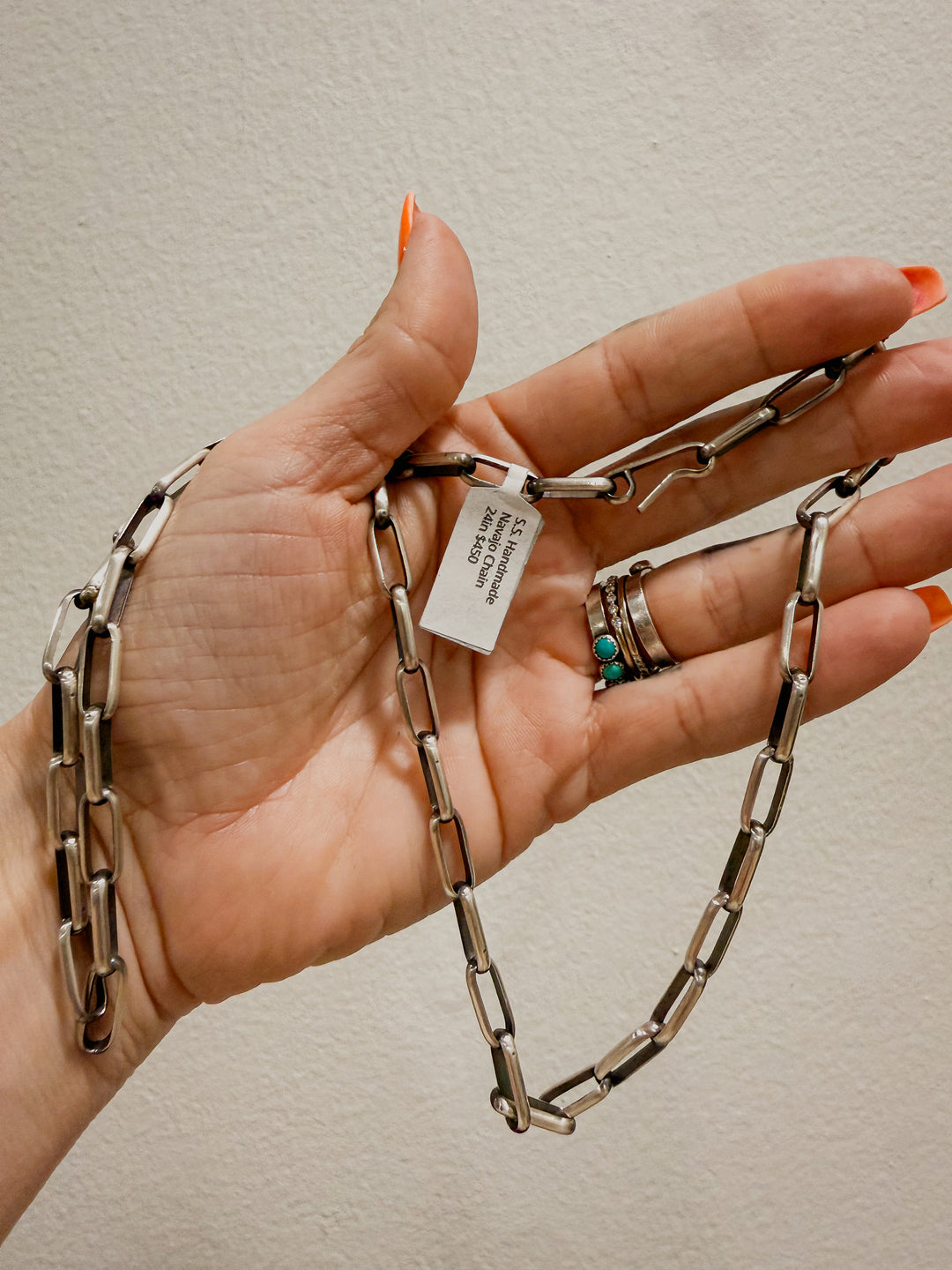 Thick Navajo Sterling Silver Paperclip Chain Necklace – 24” Handmade by Shirley Henry