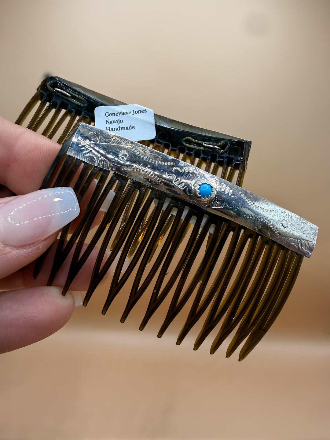 Navajo Handmade Sterling Silver Kingman Turquoise Hair Comb
By Navajo Silversmith Genevieve Jones
