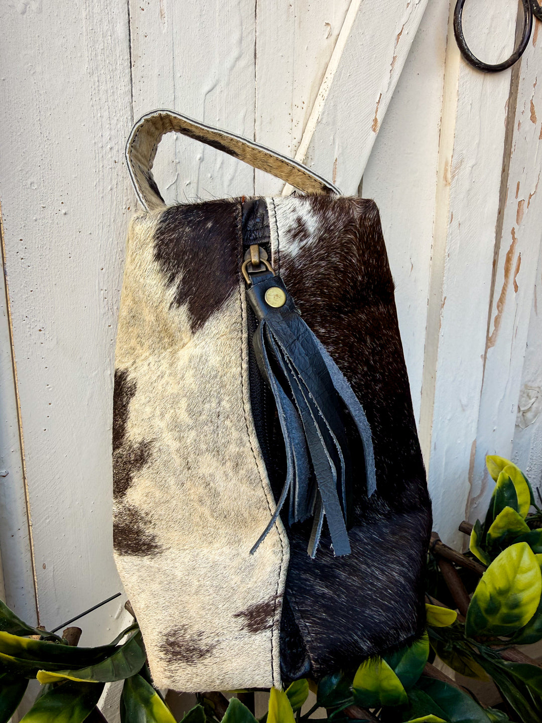 Black Cowhide & Leather Travel Cosmetic Bag | Black Fringe