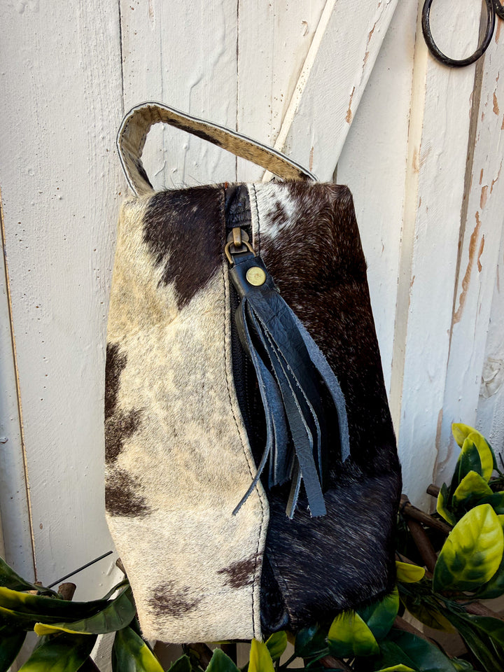 Black Cowhide & Leather Travel Cosmetic Bag | Black Fringe