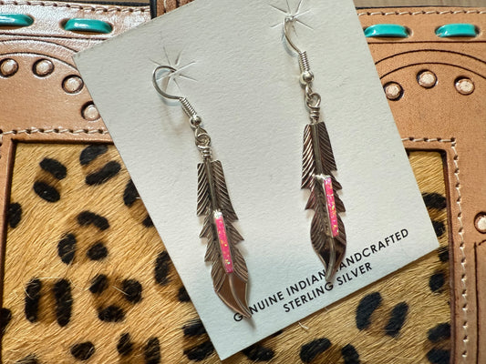 Allen Barey Navajo Handmade Sterling Silver Feather Drop Pink Opal Earrings