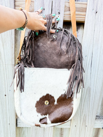 The Sundown Rider: Cowhide Fringe Crossbody with Bullhead Detail