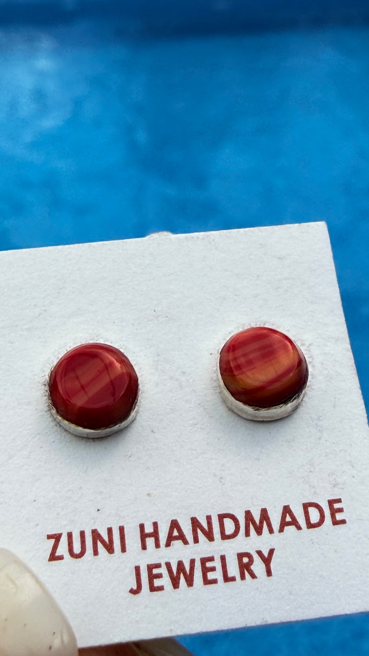 Zuni Handmade 4mm Spiny Oyster Stud Earrings | Sterling Silver | Small Native American Earrings