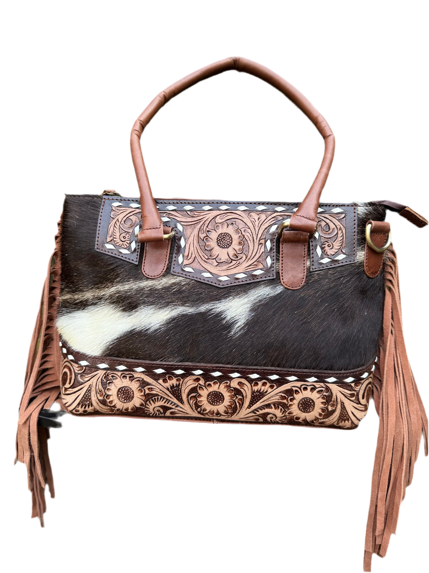The Frontier Fringe Carryall : Cowhide, tooling, fringe, and function. Includes concealed carry pocket and two ways to wear