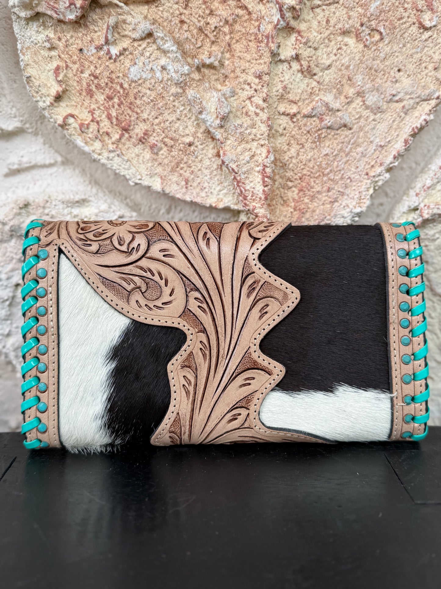 Hide and Ace : Tooled Leather and Cowhide Aces Card Design Turquoise Stiched Wallet