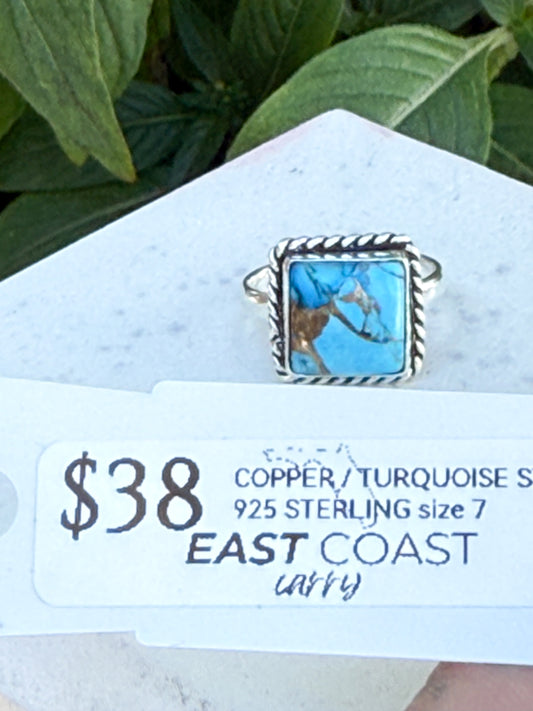 Sterling Silver Turquoise Copper Square Ring SZ 7