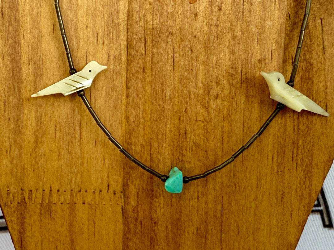 Vintage Liquid Sterling Silver Turquoise and Hand Carved Bird Necklace