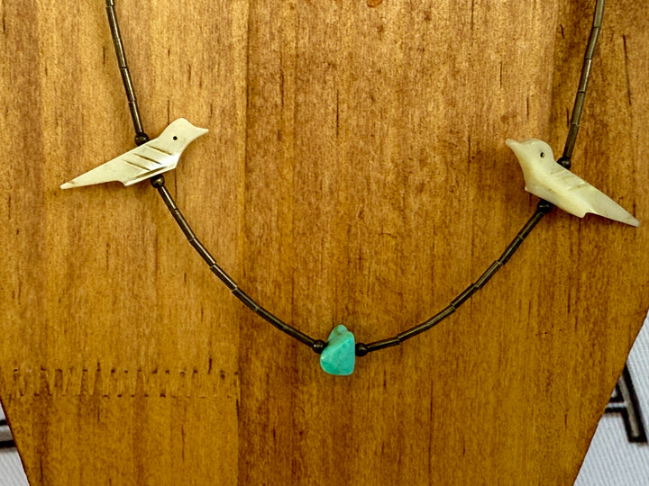 Vintage Liquid Sterling Silver Turquoise and Hand Carved Bird Necklace