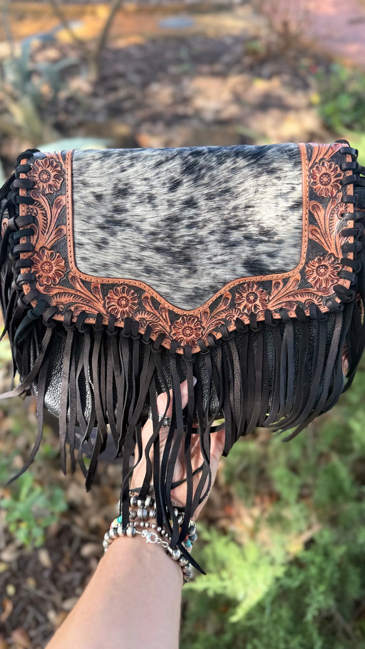 The Midnight Drifter | Cowhide & Tooled Leather Fringe Crossbody Bag