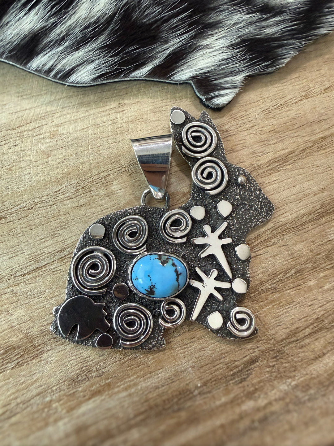 Alex Sanchez Navajo Golden Hills Turquoise Sterling Silver Rabbit Pendant