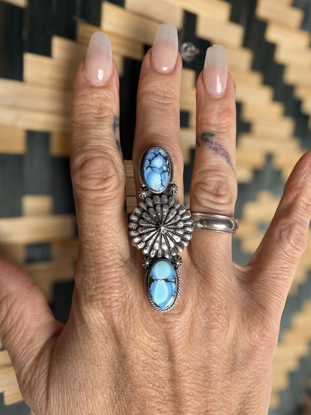 Navajo Handmade Golden Hills Sterling Silver Long Statement Concho Style Ring by Samual Yellowhair | Size 8 | Artist Signed