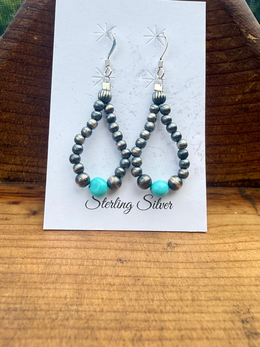 Sterling silver desert pearl teardrop earrings with sleeping beauty turquoise bead accent