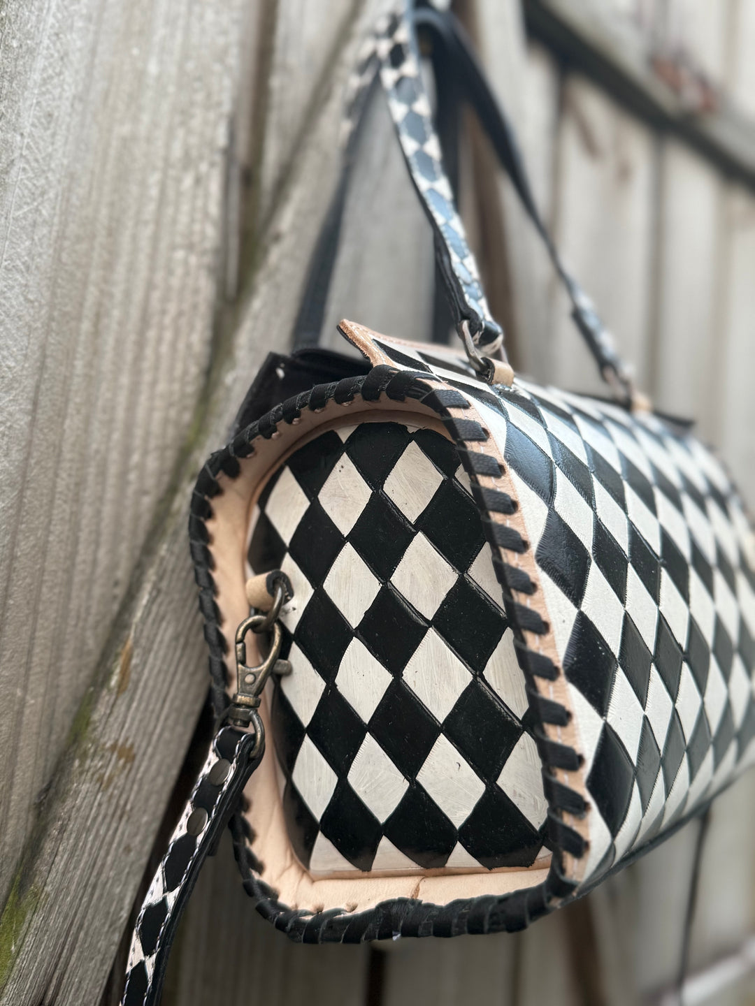 The Speed Check | Handmade Leather Checkered Bowler Bag 3 Sizes Genuine Leather Black White Checkered Tooled Design Structured Satchel