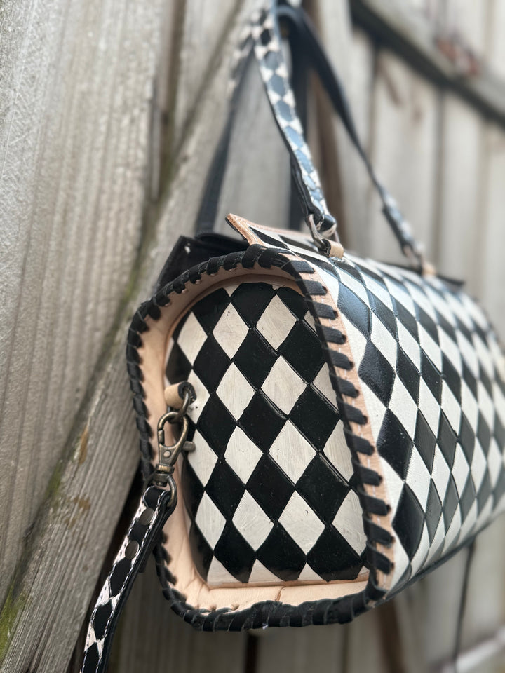 The Speed Check | Handmade Leather Checkered Bowler Bag 3 Sizes Genuine Leather Black White Checkered Tooled Design Structured Satchel