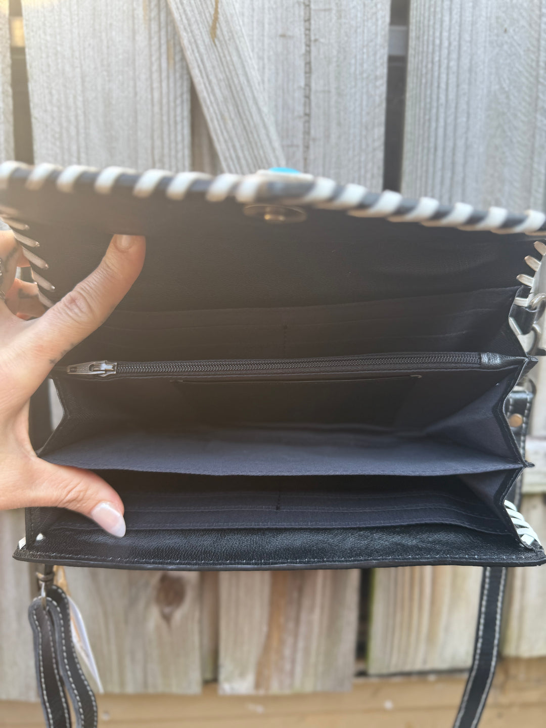 Concho and Caviar Clutch | Womens Western Cowhide and Tooled Leather Clutch with Strap