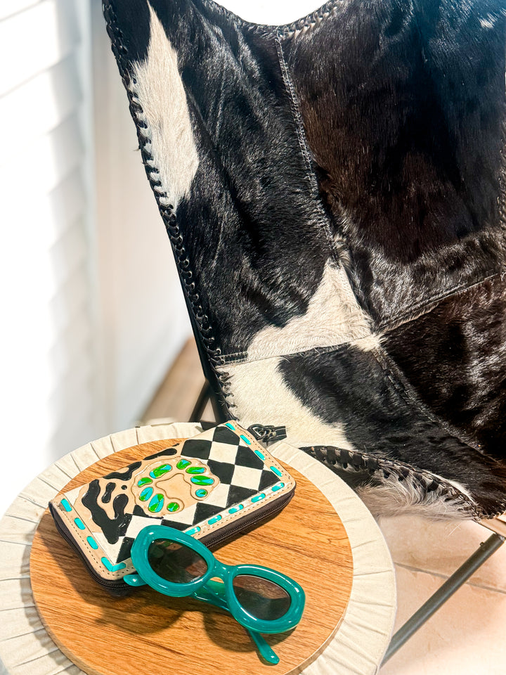 Royston Punch | Hand-Tooled Black & White Checkered Cheetah Turquoise Leather Phone Wallet Wristlet