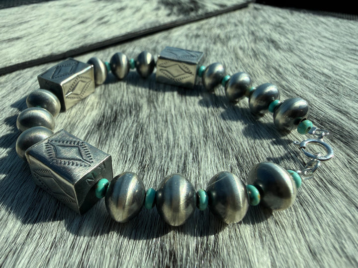 Authentic Handmade Navajo Pearl Bracelet – Sterling Silver and Mine 8 Turquoise - Kaylin Nakai - 7”