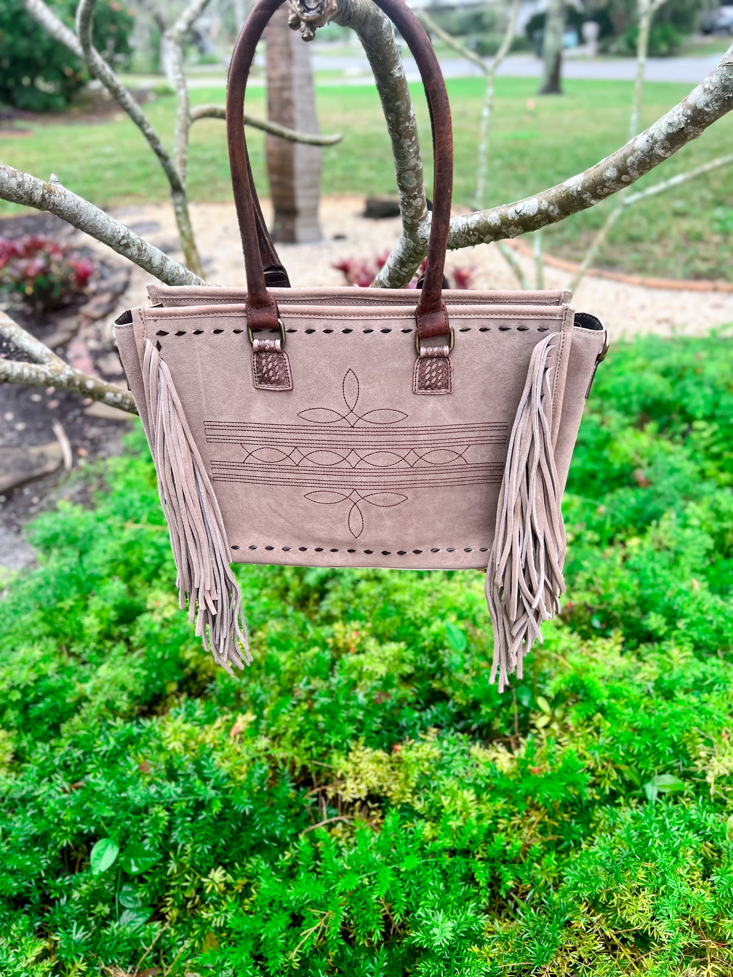 Boot stitch suede fringe concealed carry bag in taupe brown