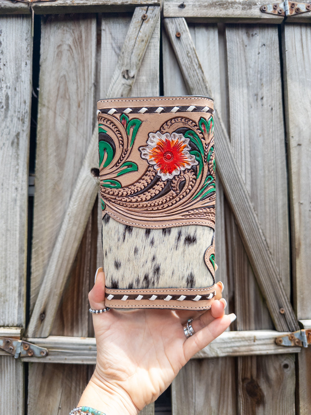 Hibiscus Hide — Hand tooled Leather and Cowhide Floral design hand painted Western chic wallet