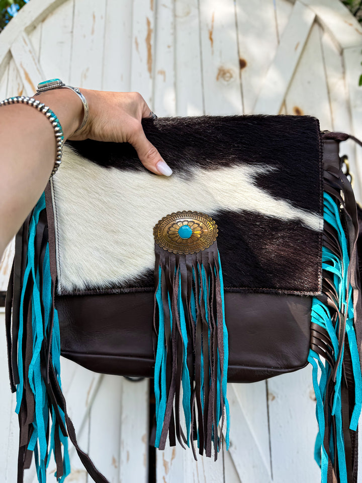 Turquoise Gold Cowhide Crossbody Bag | Genuine Leather Western Fringe Purse