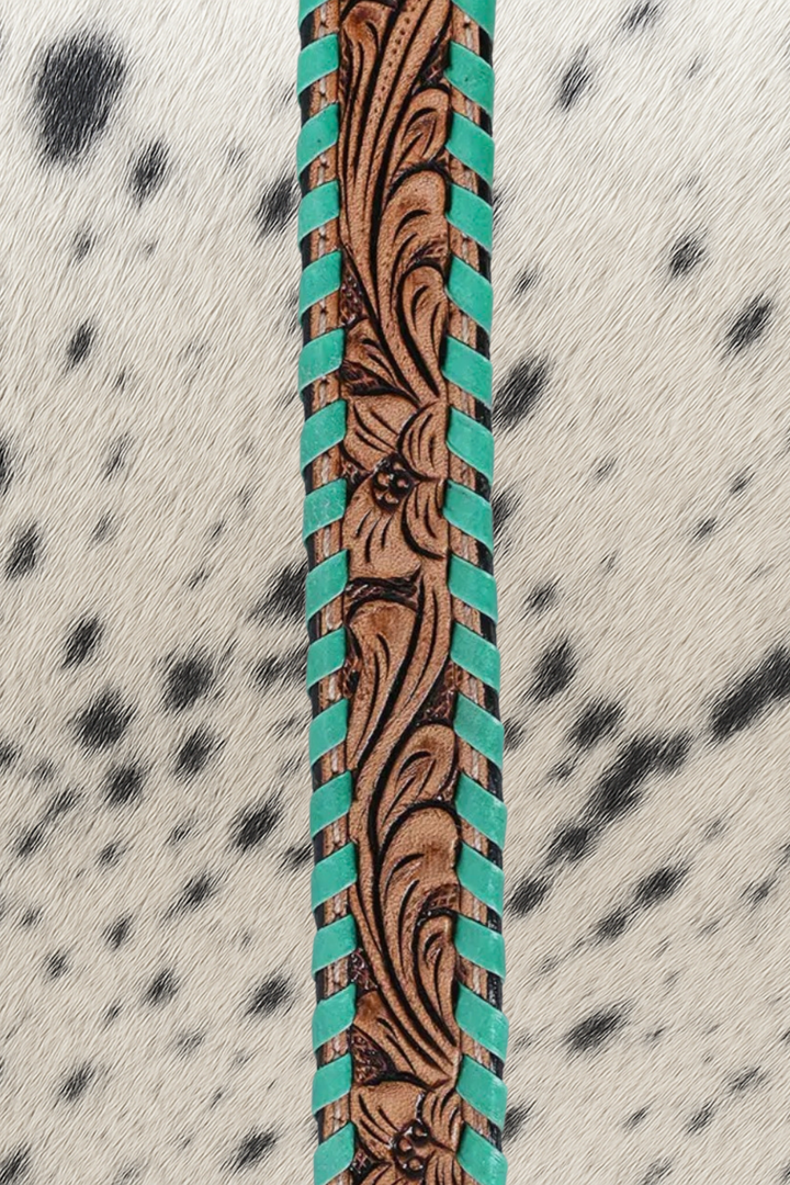 Tooled Leather Cowboy Hat Band with Turquoise Whipstitch | Adjustable Western Hat Band