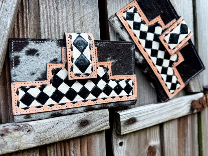 Black and white tooled leather checkered wallet with black and grey cowhide