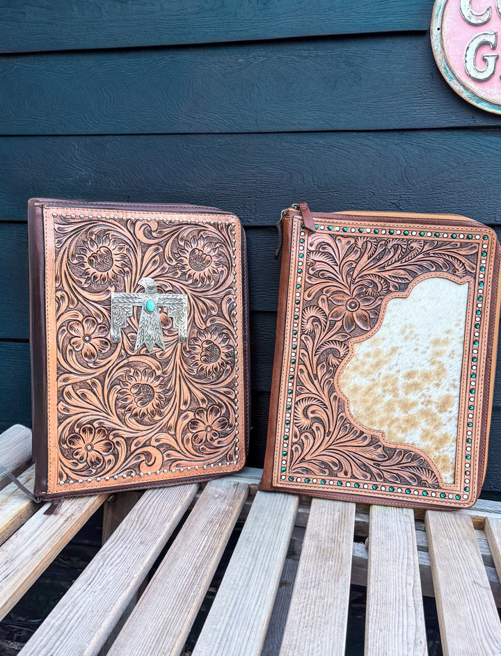 Western Tooled Leather Zipper Padfolio | 1” Ring Binder & Work Organizer