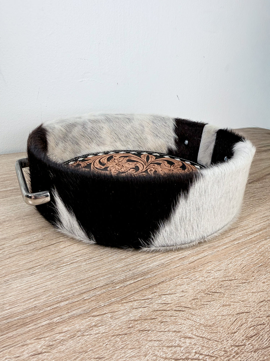 Cowhide & Tooled Leather Round Display Tray