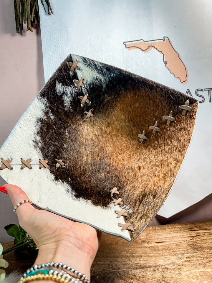 rustic cowhide leather valet tray for desk or nightstand