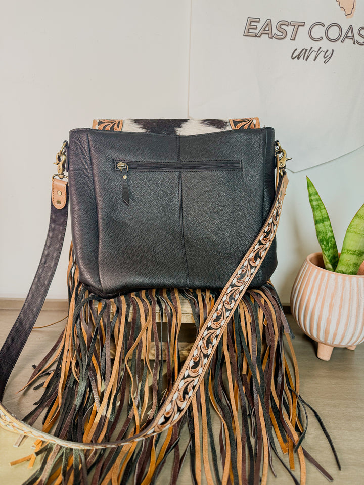 The Renegade | Cowhide Fringe Leather Crossbody Bag with Tooled Strap
