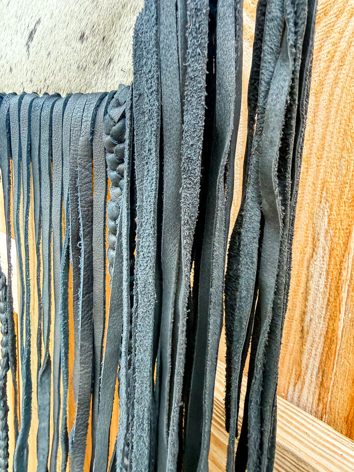 Western black leather cowhide purse with fringe detail