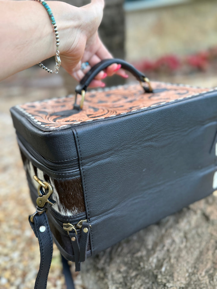 The Double Decker in Black | Large Black and White Cowhide and Tooled Leather Jewelry Case
