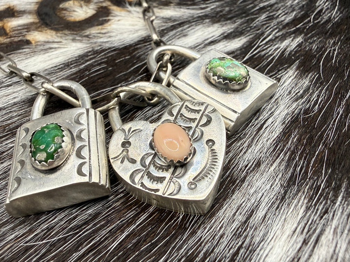Navajo Sterling Silver Lock Necklace Charm Pendants | Turquoise or Pink Conch