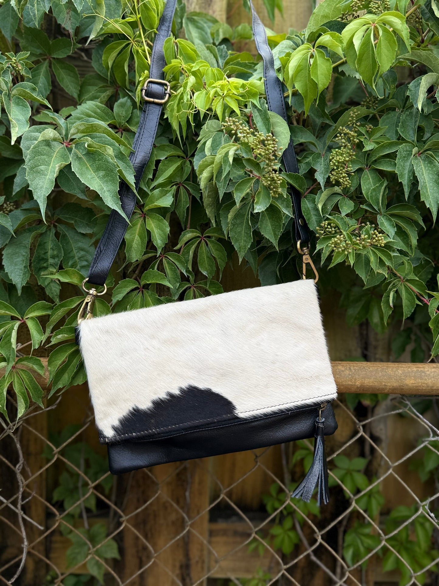 Hide Away Foldover: Small Elegant Black Leather and Hair on Cowhide Crossbody Foldover Purse