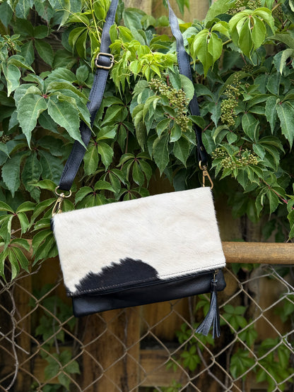 Hide Away Foldover: Small Elegant Black Leather and Hair on Cowhide Crossbody Foldover Purse