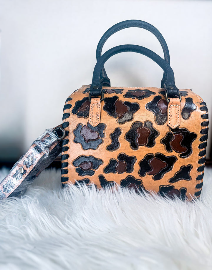 The Speedy Leopard Mini | Tooled Leather Leopard Pattern Structured Bowler Purse