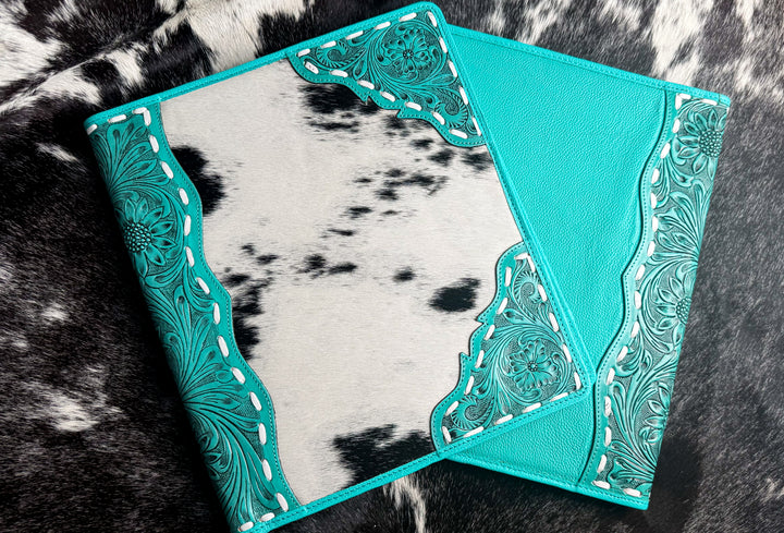 Genuine Leather Cowhide Padfolio | Turquoise Tooled Leather Portfolio Folder | Executive Portfolio Organizer