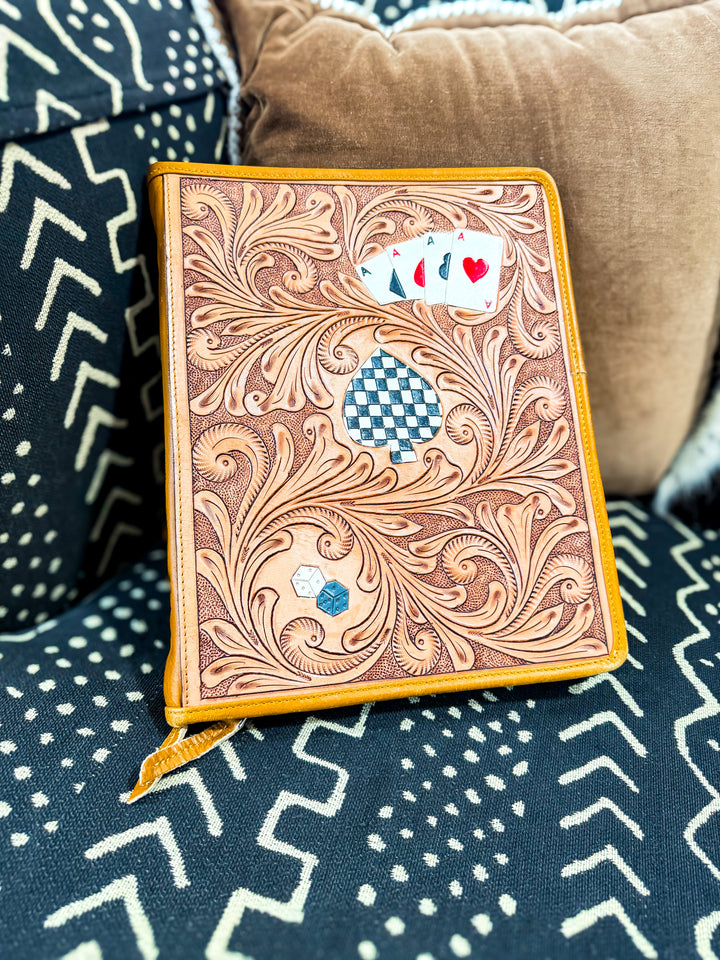 Adult Money Work Binder | Tooled Leather Western Zip Portfolio Organizer with Card Slots & Ring Binder