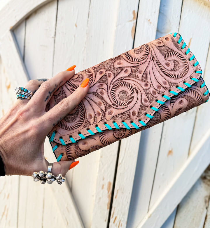 Tooled & Fancy Clutch | Hand Tooled Western Leather Wallet Clutch with Turquoise Whipstitch, Phone-Fit Oversized Wallet