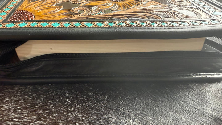 Hand Tooled Leather Bible Cover | Fits Standard, Large Print & Beautiful Word Bibles | Genuine Leather Zip Bible Case