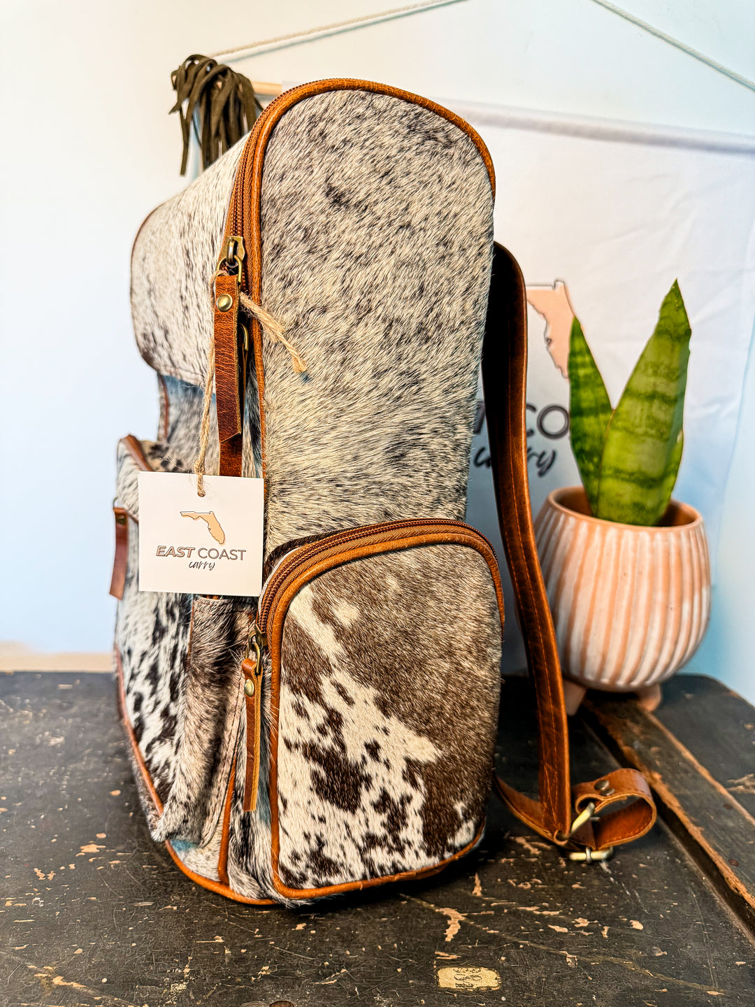 The Bubba Bag | Hair on Cowhide Full Grain Leather All Adventures Backpack in Speckled Hide
